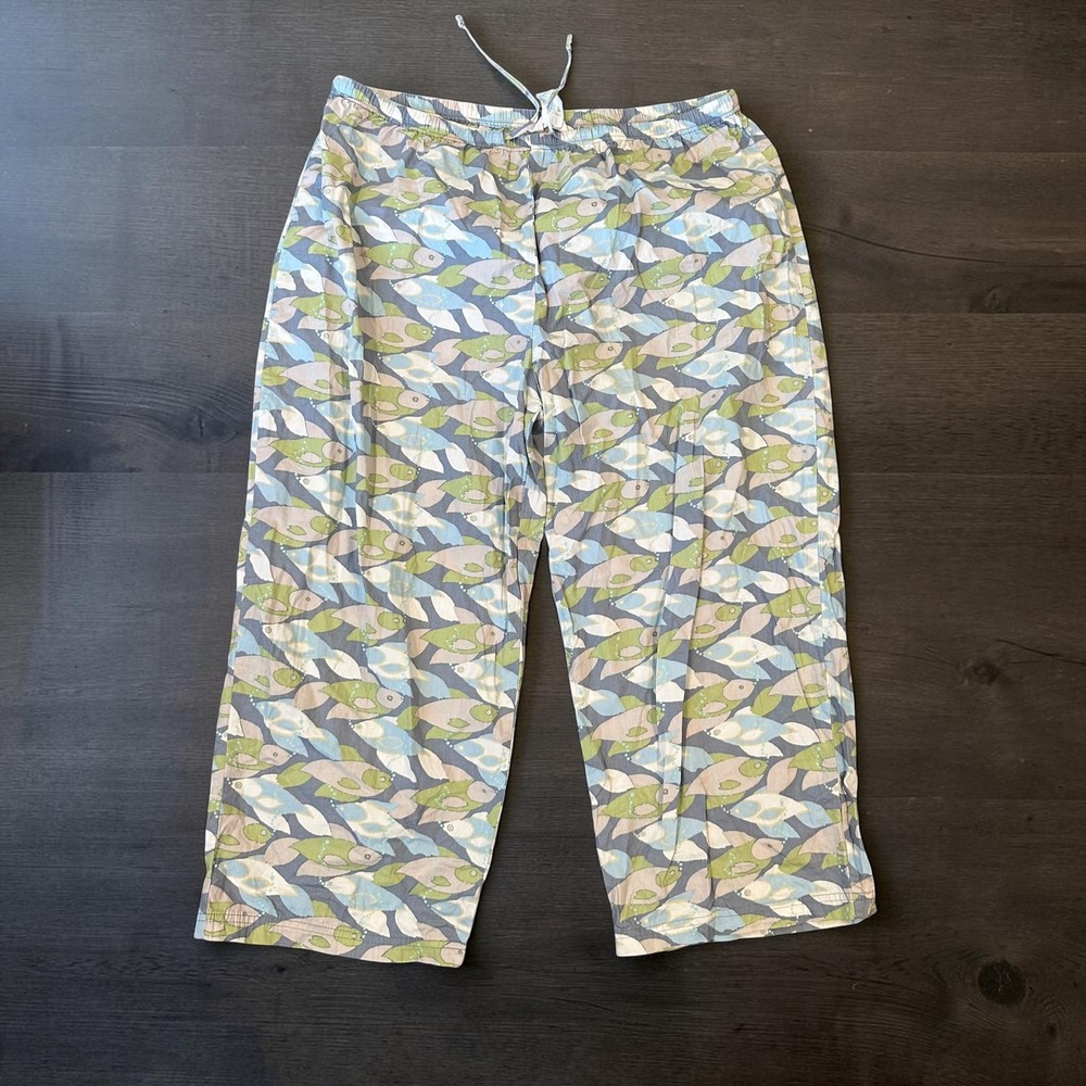 Woolrich Womens Fish Print Pajama Pants Green‎ Blue Cotton Relaxed Cropped L